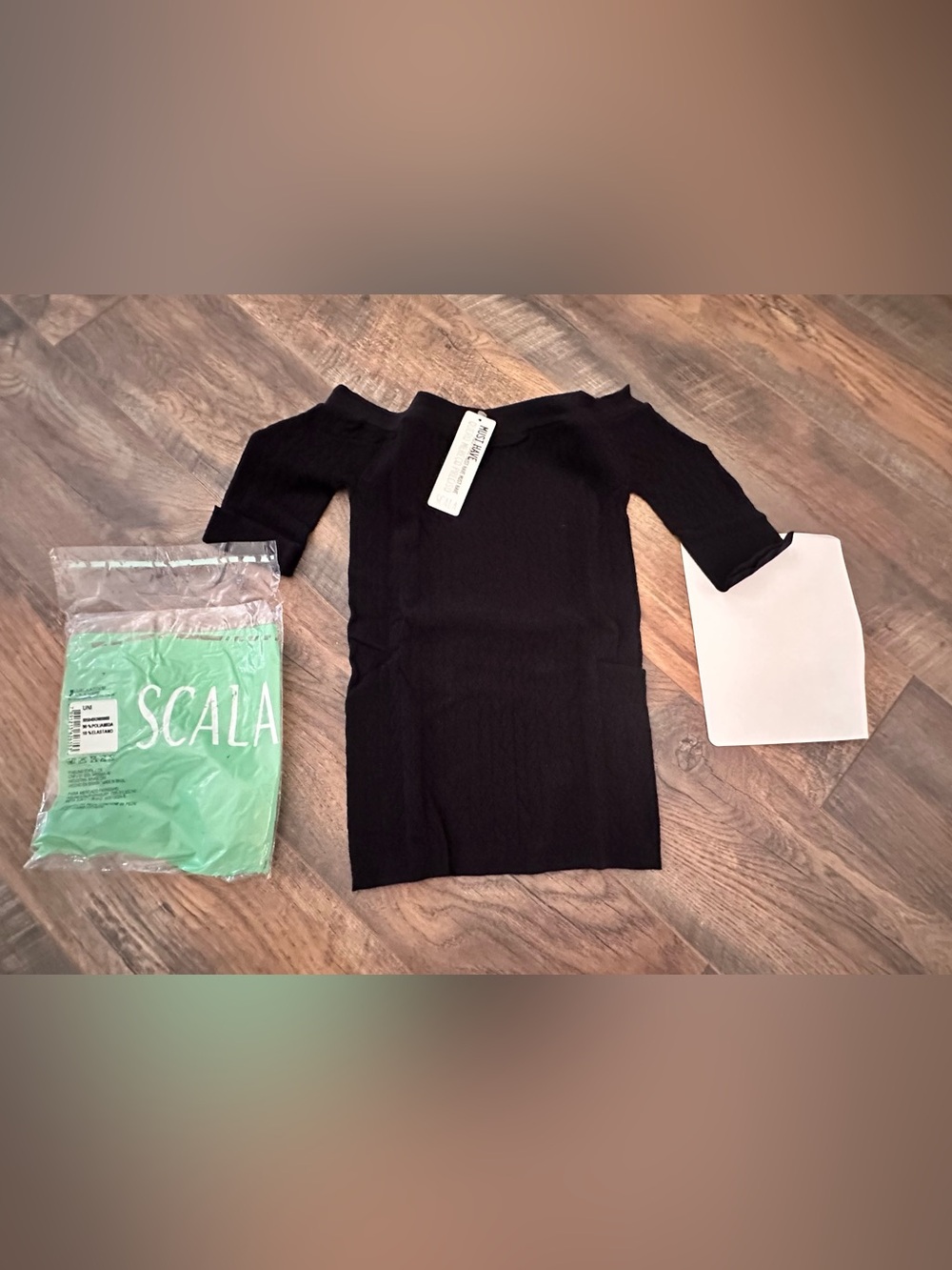 Scala Black Off-The-Shoulder Ribbed Short Sleeve Sweater